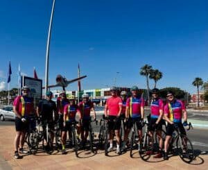 Group of cyclists with carbon road bikes on the Orihuela Costa, supported by OriMar Bikes