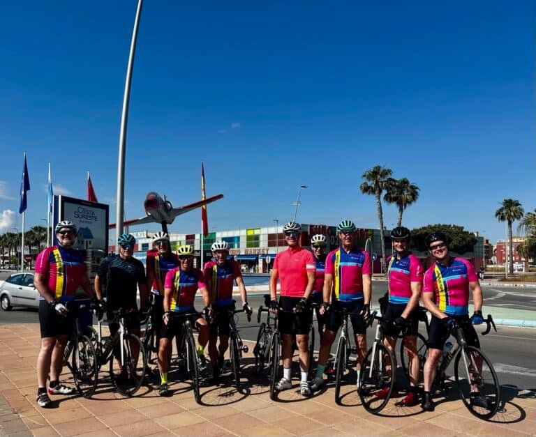 Group of cyclists with carbon road bikes on the Orihuela Costa, supported by OriMar Bikes
