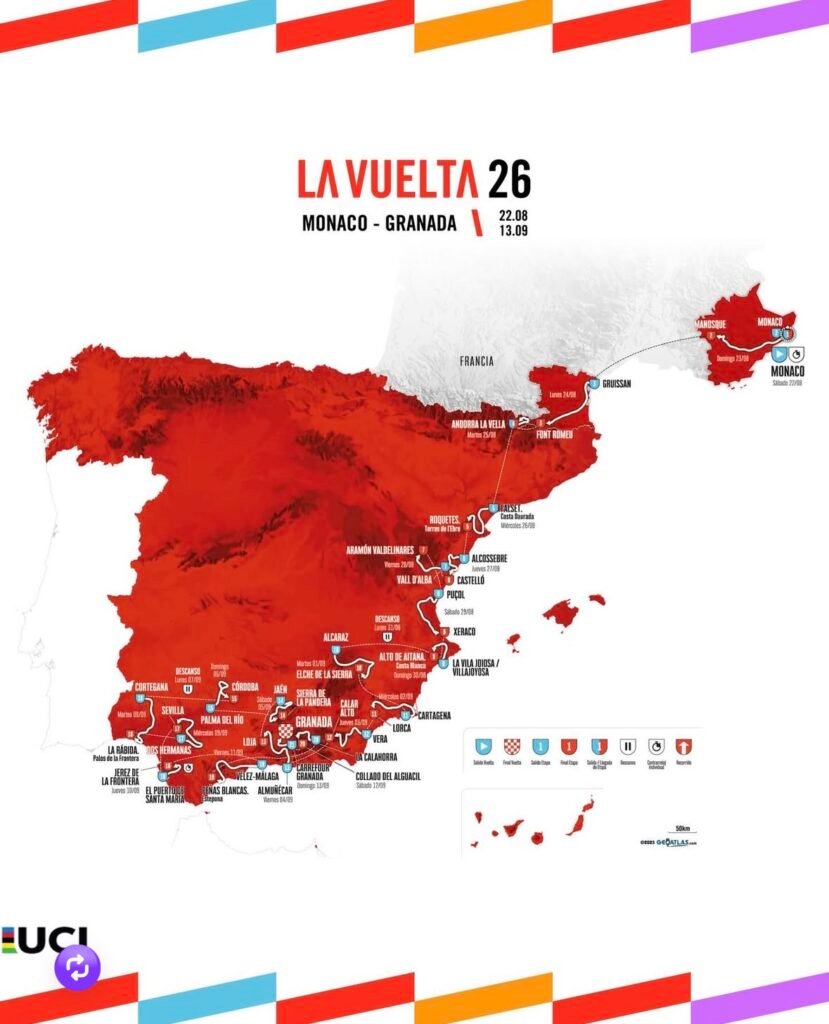 Official route map for La Vuelta 2026 from Monaco to Granada